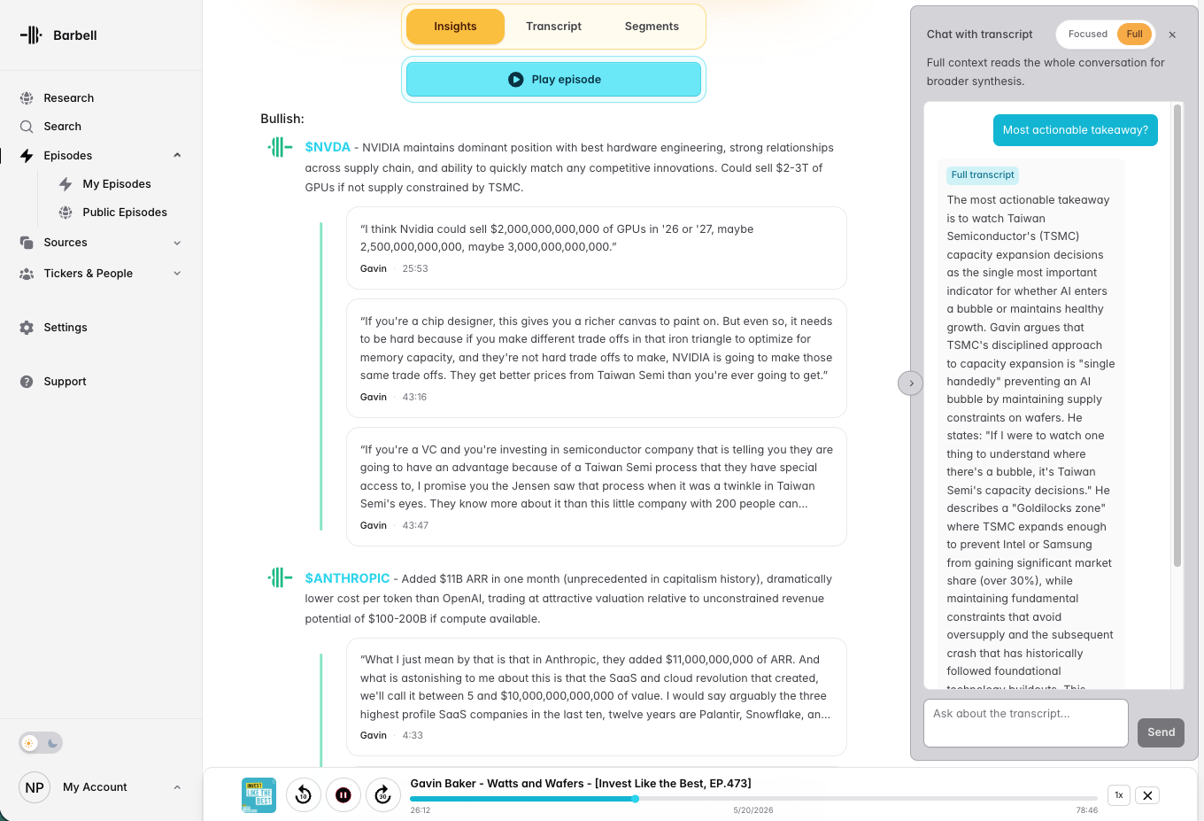 Barbell platform showing sourced trade ideas, transcript context, and full chat